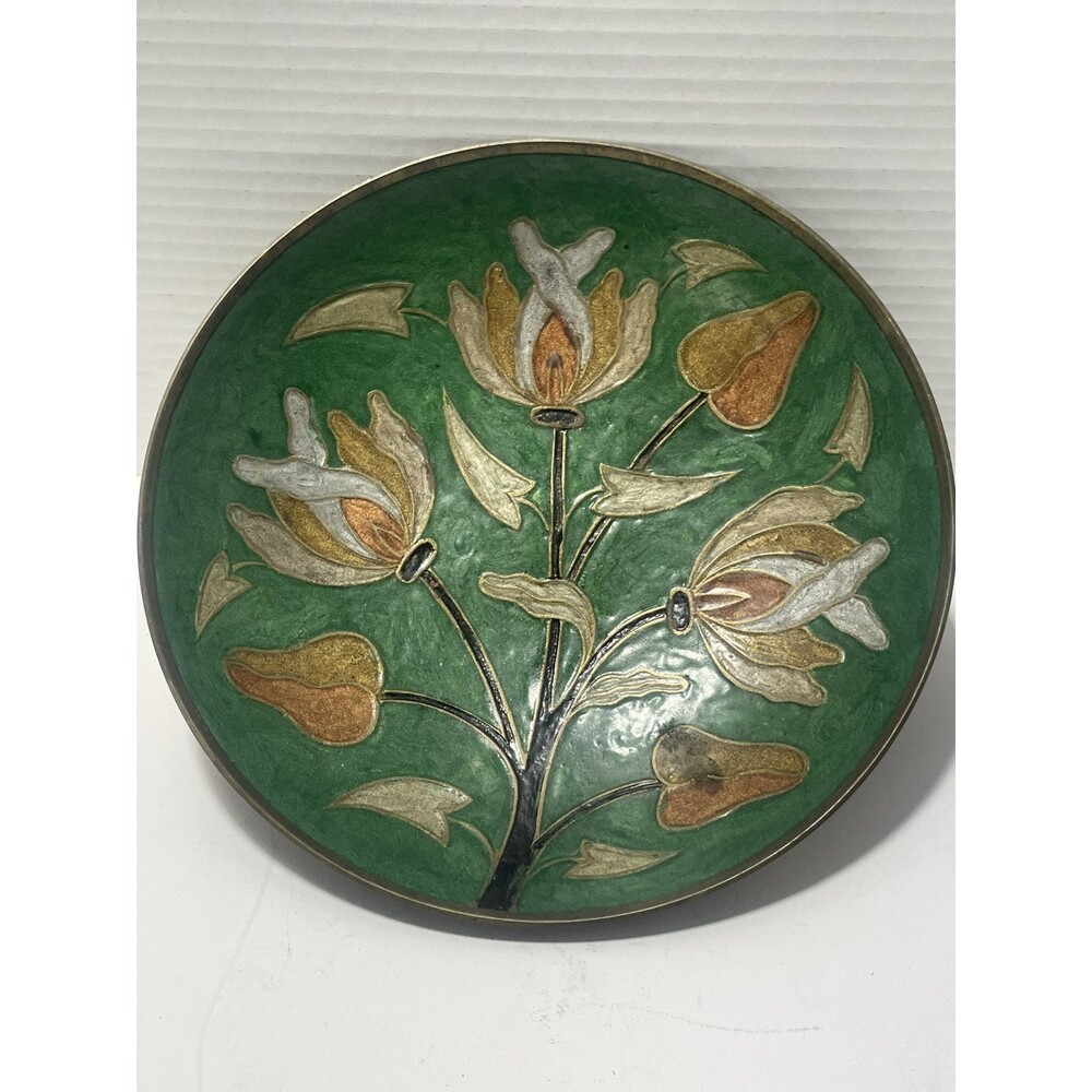 Vintage Brass Enamel Bowl with Floral Design – Made in India, 7.5-inch